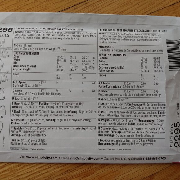 Child's Apron Play Kitchen Baking Toys Sewing Pattern Simplicity 2295 UNCUT - Picture 7 of 11